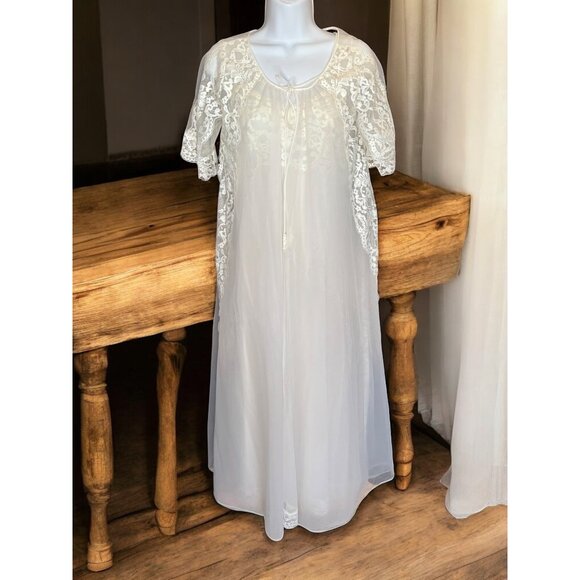 Vtg Shadow Line Nylon Ivory White Lace Maxi Intimate Sheer Slip Dress & Robe PS - Picture 3 of 16